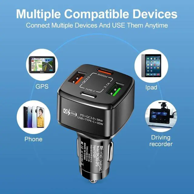 Alt view image 3 of 7 - 4-Port USB C Car Charger, PD & QC3.0 38W Fast Charging 4 USB Car Charger Adapter, Suitable for IOS & Android SmartPhones (Black)