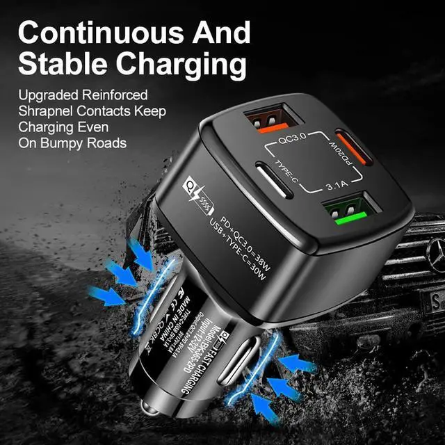 Alt view image 4 of 7 - 4-Port USB C Car Charger, PD & QC3.0 38W Fast Charging 4 USB Car Charger Adapter, Suitable for IOS & Android SmartPhones (Black)