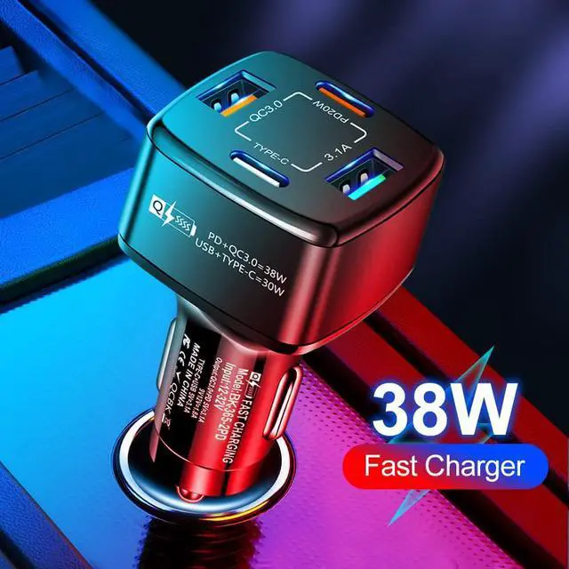 Alt view image 2 of 7 - 4-Port USB C Car Charger, PD & QC3.0 38W Fast Charging 4 USB Car Charger Adapter, Suitable for IOS & Android SmartPhones (Black)