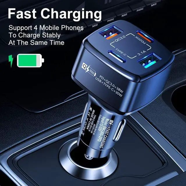 Alt view image 5 of 7 - 4-Port USB C Car Charger, PD & QC3.0 38W Fast Charging 4 USB Car Charger Adapter, Suitable for IOS & Android SmartPhones (Black)