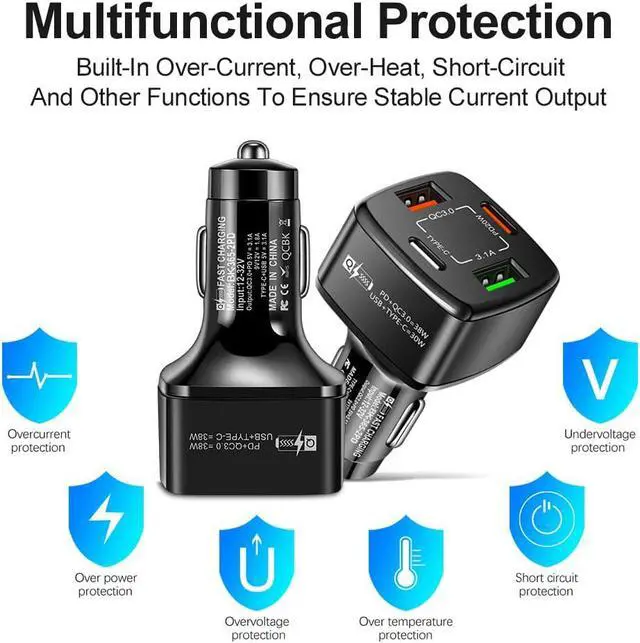 Alt view image 7 of 7 - 4-Port USB C Car Charger, PD & QC3.0 38W Fast Charging 4 USB Car Charger Adapter, Suitable for IOS & Android SmartPhones (Black)