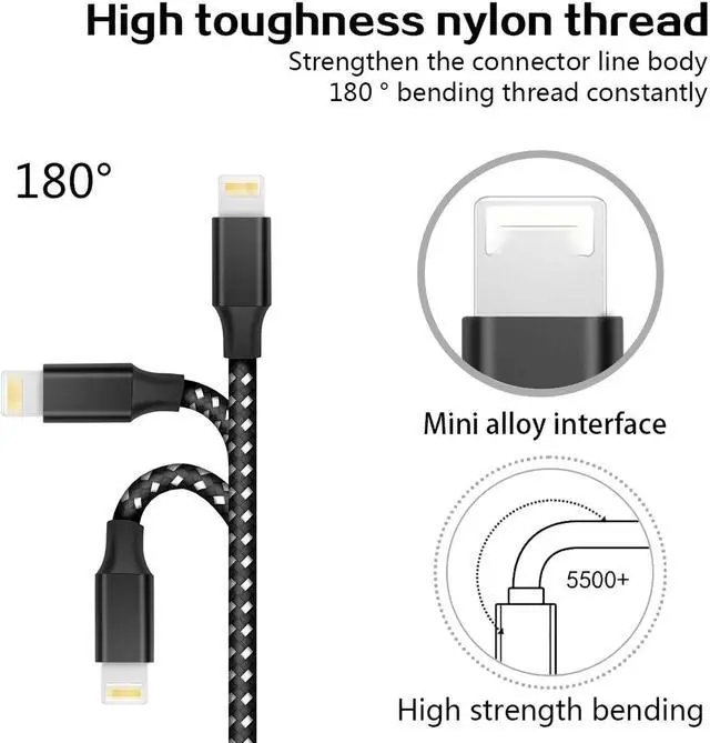 Alt view image 2 of 7 - iPhone Charger Cable 3Pack 6FT/1.8M Lightning Cable Extra Long Nylon Braided Fast Charging & Sync iPhone Cord Compatible with iPhone11/ XS/XR/X/8/7/6/5/SE, iPad, iPod and More (Black and White)