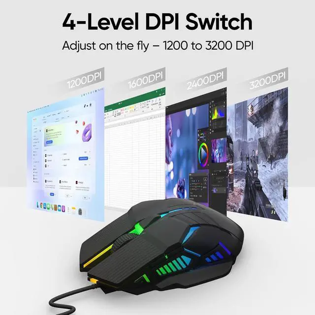 Alt view image 3 of 6 - IHDAPP Wired Gaming Mouse - Lightweight USB Optical Computer Gaming Mice with 7-Color RGB LED Lights, 4 Adjustable DPI (1200-3200), 6 Buttons, Ergonomic Design for Windows XP/Vista/7/8/10 and macOS