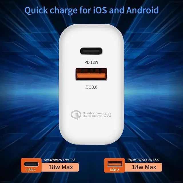 Alt view image 4 of 7 - USB C Charger, Fast Charger, 18W 2-Port Wall Charger with Power Delivery & Quick Charge 3.0, Compact USB C Wall Charger for iPhone 11 Pro/Max/XS/XR/X/8/7/6/Plus, Samsung, LG, Pixel, and More