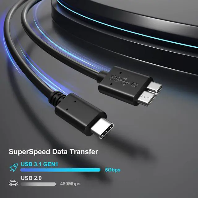 Alt view image 2 of 7 - Hitoor Micro B to USB C Cable, 3.3ft. / 1M Type C External Hard Drive Cord USB 3.1 Gen1 Fast Data Transfer 5Gbps Camera Replacement Cable Compatible for Seagate, Toshiba, WD, Portable HDD -2 Pack