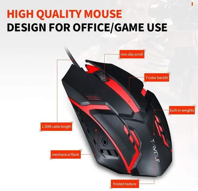 Alt view image 5 of 7 - USB Wired Gaming Mouse, 3 Buttons 7 Coloured Backlight 1200 DPI Office Mouse Built-in Weights for Laptop/PC Gaming Mice