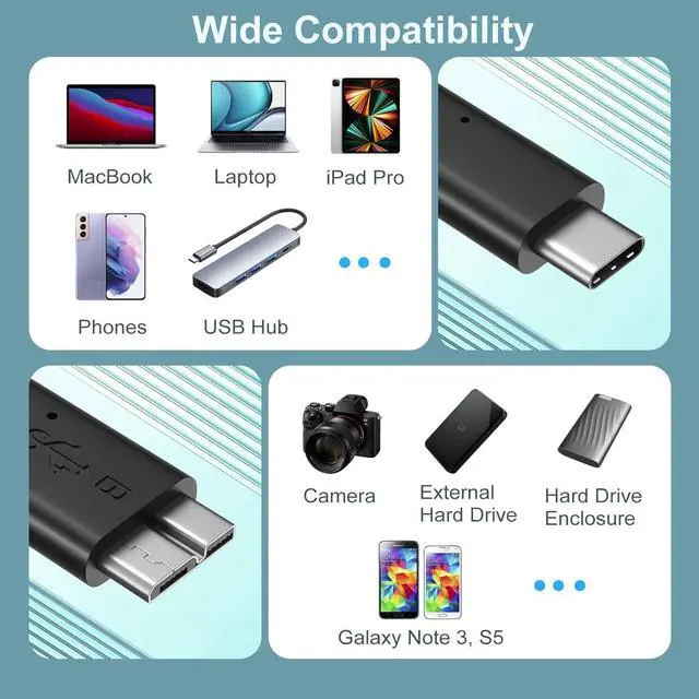 Alt view image 7 of 7 - Hitoor Micro B to USB C Cable, 3.3ft. / 1M Type C External Hard Drive Cord USB 3.1 Gen1 Fast Data Transfer 5Gbps Camera Replacement Cable Compatible for Seagate, Toshiba, WD, Portable HDD -2 Pack