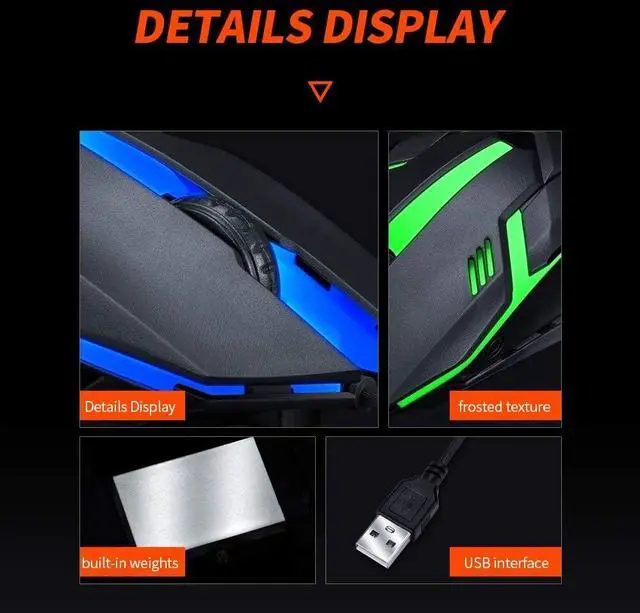 Alt view image 3 of 7 - USB Wired Gaming Mouse, 3 Buttons 7 Coloured Backlight 1200 DPI Office Mouse Built-in Weights for Laptop/PC Gaming Mice