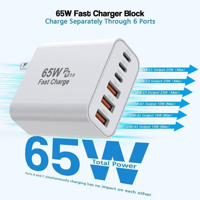 Alt view image 4 of 7 - Hitoor 3 Pack 65W GaN Type C Wall Charger Block, 6-Port Fast Charging Block,PD USB C Plug Adapter+QC Plug Compatible with Apple iPhone 17/17 Air/16E/16Pro Max/16Plus/16/15/14/13/12/11/XS Max,Tablets..