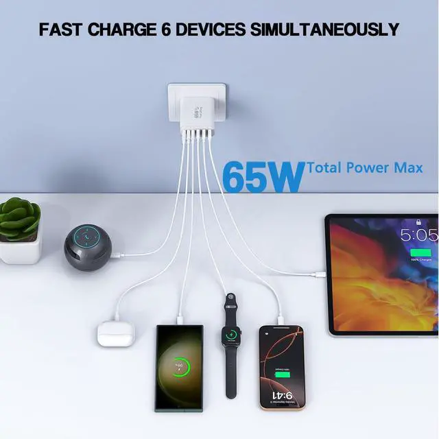 Alt view image 2 of 7 - Hitoor 3 Pack 65W GaN Type C Wall Charger Block, 6-Port Fast Charging Block,PD USB C Plug Adapter+QC Plug Compatible with Apple iPhone 17/17 Air/16E/16Pro Max/16Plus/16/15/14/13/12/11/XS Max,Tablets..