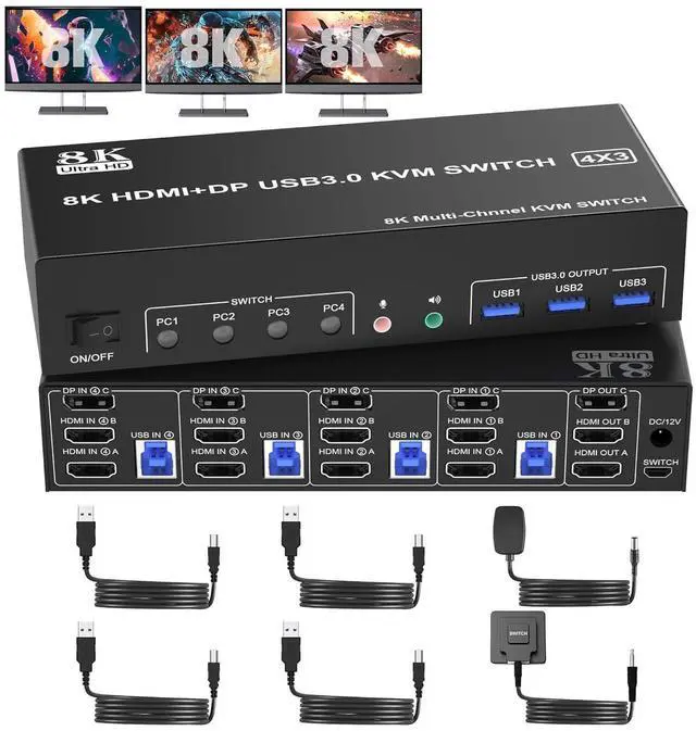 Main image of KVM Switch 3 Monitors 4 Computers 8K@60Hz 4K@144Hz, 2 HDMI +1 DisplayPort KVM Switch Triple Monitor for 4 Computer with Audio and 3 USB 3.0 Ports, KVM Triple Monitor Keyboard Mouse Switcher