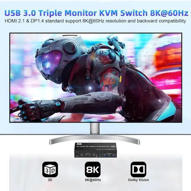 Alt view image 3 of 7 - KVM Switch 3 Monitors 4 Computers 8K@60Hz 4K@144Hz, 2 HDMI +1 DisplayPort KVM Switch Triple Monitor for 4 Computer with Audio and 3 USB 3.0 Ports, KVM Triple Monitor Keyboard Mouse Switcher