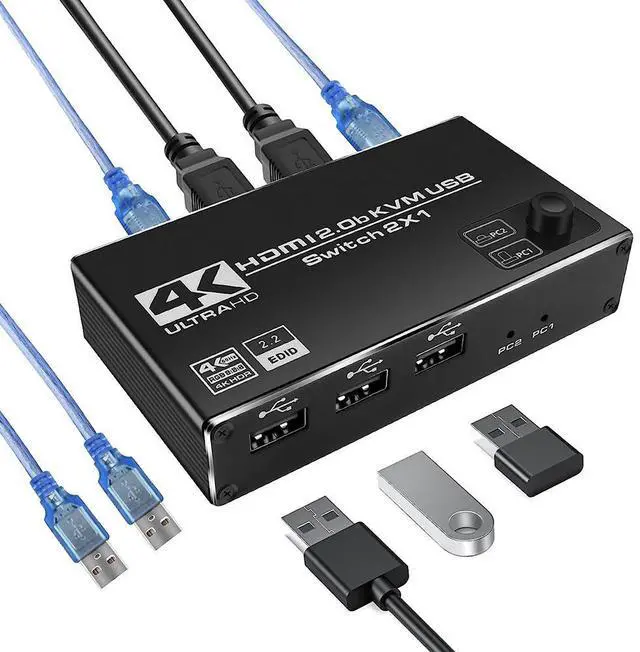 Main image of 2 Port HDMI KVM Switch 2 in 1 Out, 4K @60Hz HDMI USB2.0 KVM Switch for 2 Computers 1 Monitor Share Keyboard Mouse Button Switch, Metal Case, Button & Hotkey Switch, With 2 USB Cables