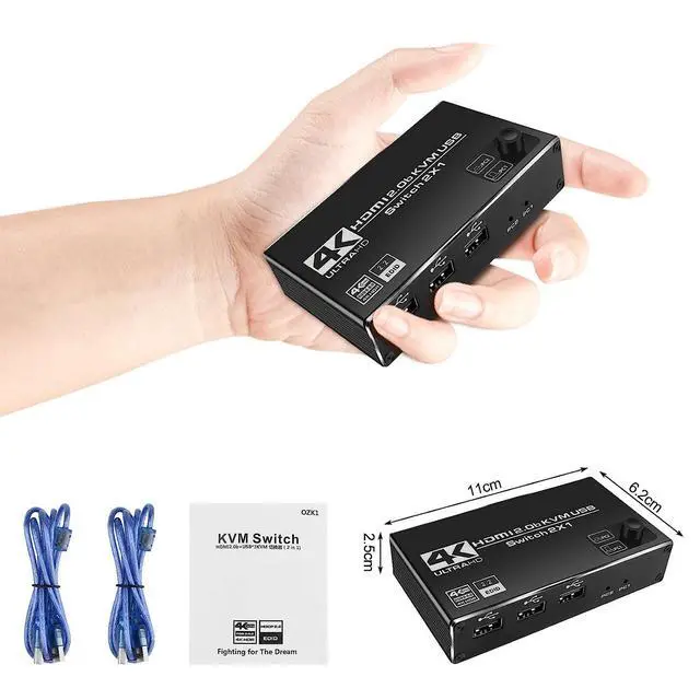 Alt view image 7 of 7 - 2 Port HDMI KVM Switch 2 in 1 Out, 4K @60Hz HDMI USB2.0 KVM Switch for 2 Computers 1 Monitor Share Keyboard Mouse Button Switch, Metal Case, Button & Hotkey Switch, With 2 USB Cables