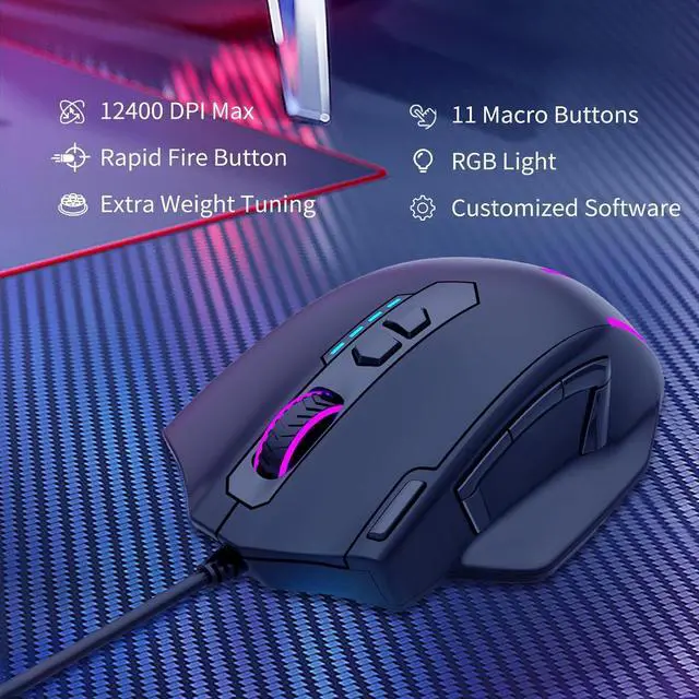 Alt view image 2 of 7 - AUTYUE Large Gaming Mouse Wired, 12400 DPI, 11 Programmable Buttons, Rapid Fire Button, 5 Side Buttons, RGB Backlit, Adjustable Weights, Software Supports, Wired Mouse for PC/Mac and Laptop - Black