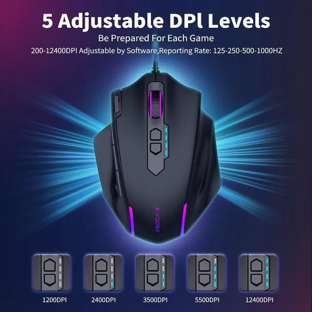 Alt view image 3 of 7 - AUTYUE Large Gaming Mouse Wired, 12400 DPI, 11 Programmable Buttons, Rapid Fire Button, 5 Side Buttons, RGB Backlit, Adjustable Weights, Software Supports, Wired Mouse for PC/Mac and Laptop - Black