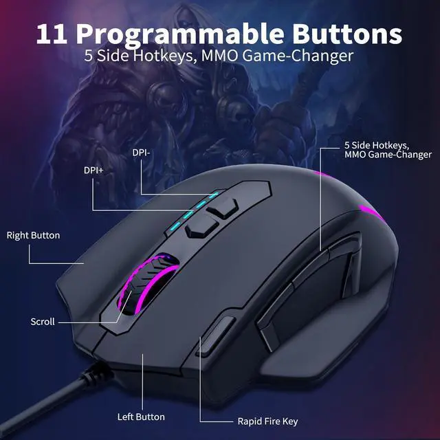 Alt view image 4 of 7 - AUTYUE Large Gaming Mouse Wired, 12400 DPI, 11 Programmable Buttons, Rapid Fire Button, 5 Side Buttons, RGB Backlit, Adjustable Weights, Software Supports, Wired Mouse for PC/Mac and Laptop - Black