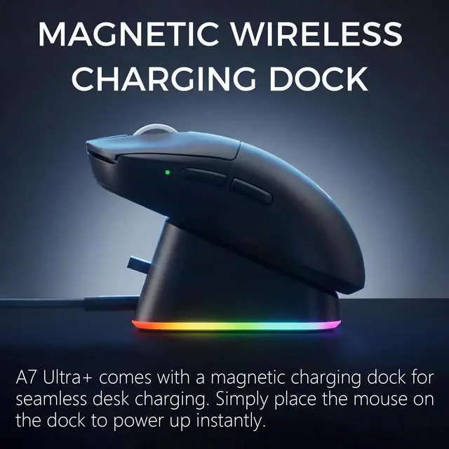 Alt view image 3 of 7 - MCHOSE A7 V2 Ultra+ Wireless Gaming Mouse, Megnetic Charging Dock,Tri-Mode Connection, 59 Grams, PAW3950 TI 42K DPI Sensor, Wired/Wireless Dual 8K Polling - Black