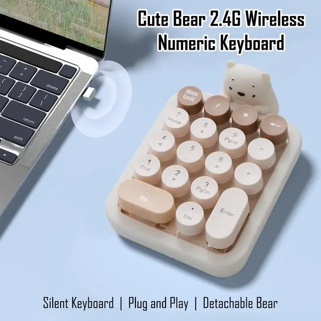 Alt view image 10 of 14 - Cute Wireless Numeric Keypad with Silicone Bear, Colorful Round Keycaps, 2.4G USB Wireless Connection, Portable Financial Accounting Numpad Number Keyboard, Suitable for PC, Laptop (MilkTea)