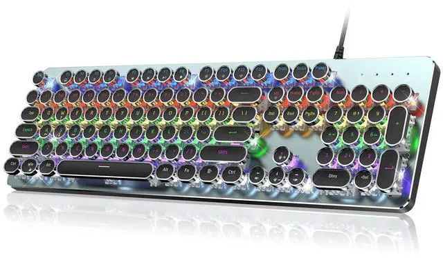 Alt view image 8 of 14 - Typewriter Style Mechanical Gaming Keyboard, Metal Panel, Retro Punk Round Keycaps, Clicky Blue Switch, Rainbow LED Backlit, 104 Keys Wired Keyboard, Round Keycaps for PC Laptop Mac Gamer