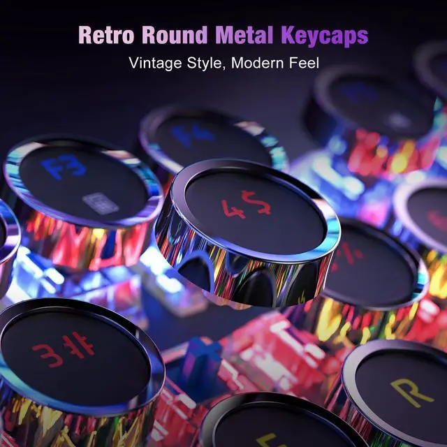 Alt view image 9 of 14 - Typewriter Style Mechanical Gaming Keyboard, Metal Panel, Retro Punk Round Keycaps, Clicky Blue Switch, Rainbow LED Backlit, 104 Keys Wired Keyboard, Round Keycaps for PC Laptop Mac Gamer