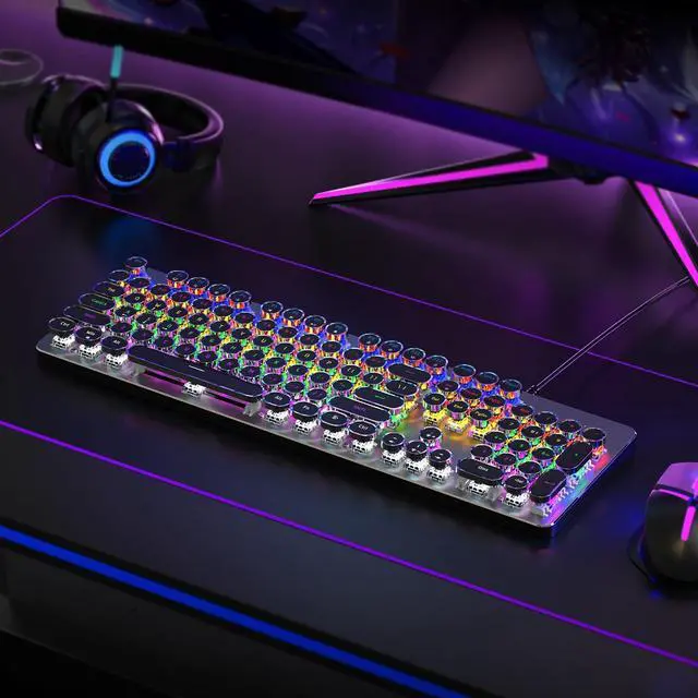 Alt view image 14 of 14 - Typewriter Style Mechanical Gaming Keyboard, Metal Panel, Retro Punk Round Keycaps, Clicky Blue Switch, Rainbow LED Backlit, 104 Keys Wired Keyboard, Round Keycaps for PC Laptop Mac Gamer