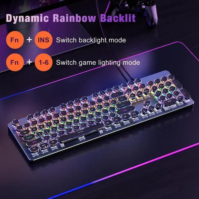 Alt view image 10 of 14 - Typewriter Style Mechanical Gaming Keyboard, Metal Panel, Retro Punk Round Keycaps, Clicky Blue Switch, Rainbow LED Backlit, 104 Keys Wired Keyboard, Round Keycaps for PC Laptop Mac Gamer