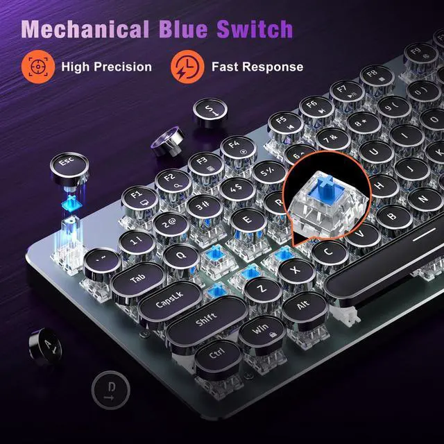 Alt view image 11 of 14 - Typewriter Style Mechanical Gaming Keyboard, Metal Panel, Retro Punk Round Keycaps, Clicky Blue Switch, Rainbow LED Backlit, 104 Keys Wired Keyboard, Round Keycaps for PC Laptop Mac Gamer