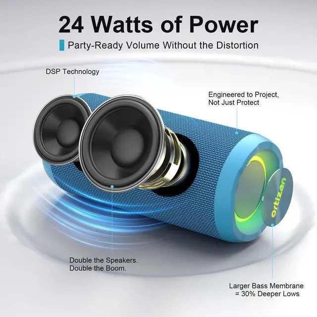 Alt view image 16 of 20 - Wireless Portable Bluetooth Speaker, IPX7 Waterproof, Dustproof and Rustproof, Powerful 24W Sound, Enhanced Bass, 30-Hour Battery, 360° Party Light, and Stereo Pairing (BT 5.3), Gifts - Blue