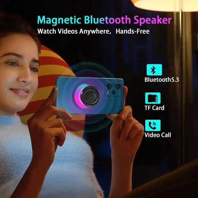 Alt view image 9 of 14 - Magnetic Bluetooth Speaker,Wireless Induction Bluetooth Speaker,Mini Portable Cell Phone Stand for iPhone, Lanyard & RGB Night Light,or Home,Outdoors,Pool,Gift (Black-1PCS)