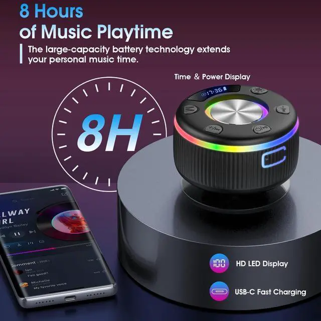Alt view image 14 of 14 - 2026 Bluetooth Shower Speaker, Digital Display Portable Speaker with Suction Cup, LED Light, 360° HD Stereo Sound and Robust Bass Waterproof Speakers Wireless for Bathroom, Beach, Car