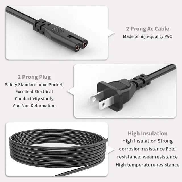 Alt view image 9 of 12 - 2 Prong TV Power Cord Compatible with Samsung LG TCL Sony Toshiba Dell Apple TV Insignia Sharp JVC Hisense Ps2 Ps3 Ps4 Epson Printer LED LCD Smart 1080p HDTV, 6 Ft AC Cable