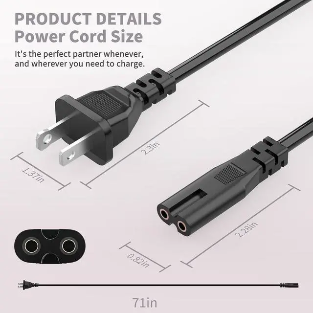 Alt view image 12 of 12 - 2 Prong TV Power Cord Compatible with Samsung LG TCL Sony Toshiba Dell Apple TV Insignia Sharp JVC Hisense Ps2 Ps3 Ps4 Epson Printer LED LCD Smart 1080p HDTV, 6 Ft AC Cable