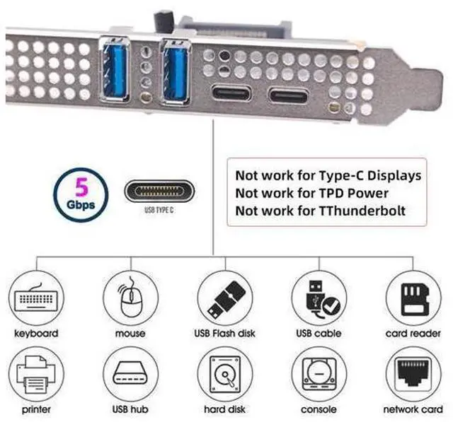 Alt view image 14 of 14 - Vszerda USB3.1 Gen1 5Gbps Dual Type-A & Type-C USB-C Female to PCI-E Card Adapter USB PCI-E Express 1x uPD720201 with Low Profile Bracket