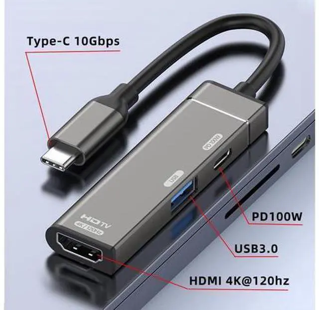 Alt view image 10 of 14 - Vszerda USB-C Type-C to HDMI Multiport Adapter 4K@120hz USB 3.0 OTG Converter HDTV with Female PD 100W Power Port