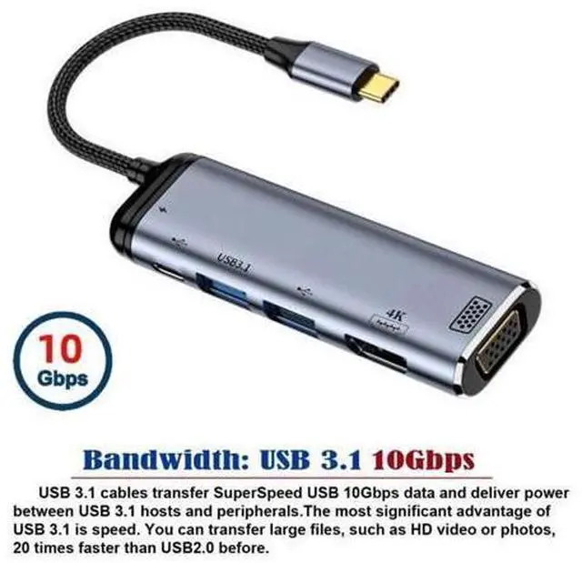 Alt view image 10 of 14 - Vszerda Type C USB3.1 USB-C to HDMI VGA Dual USB 3.0 HUB Converter HDTV Multiport Adapter 4K 60hz 1080p with Female PD 100W Power Port