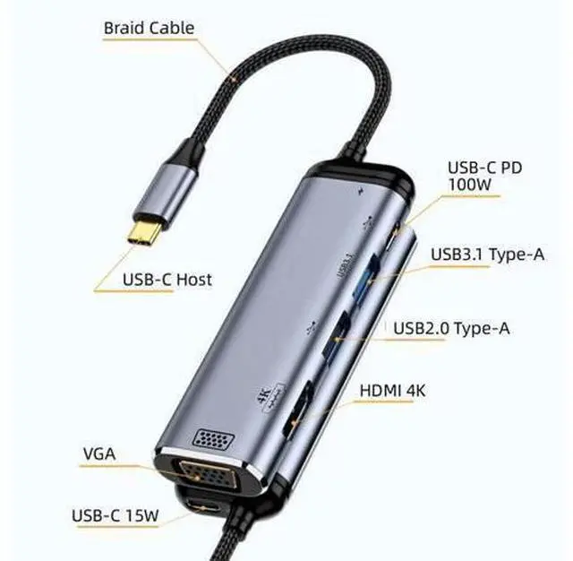 Alt view image 9 of 14 - Vszerda Type C USB3.1 USB-C to HDMI VGA Dual USB 3.0 HUB Converter HDTV Multiport Adapter 4K 60hz 1080p with Female PD 100W Power Port