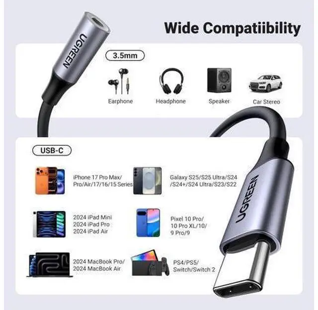 Alt view image 14 of 14 - UGREEN 2 Pack USB C to 3.5mm Audio Adapter Type C to Headphone Aux Jack Dongle 24bit/96kHz HiFi DAC Cable Cord Compatible with iPhone 17 16 Pro Max/16 Plus, iPad, Galaxy S25 S24 Ultra, Pixel 10, Grey