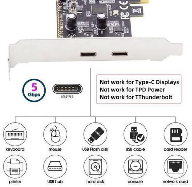 Alt view image 14 of 14 - Vszerda USB PCI-E Express 1x Card USB3.1 Gen1 5Gbps Dual Type-C USB-C Female to PCI-E Adapter ASM1042 with Low Profile Bracket