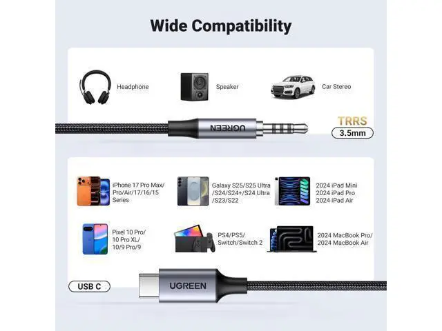 Alt view image 14 of 14 - UGREEN Aux to USB C, Aux Cord for Car Type C to 3.5mm Audio Jack Cable 3.3FT TRRS Headphone Stereo Adapter Mic HiFi Compatible with iPhone 17 16 15 Pro Max/16 15 Plus, Galaxy S25 Ultra Pixel 10 iPad