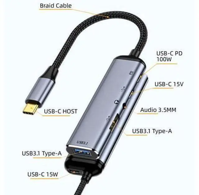 Alt view image 9 of 14 - Vszerda Type C USB-C to Audio 3.5MM Dual USB 3.0 HUB Converter Multiport Adapter with Female 100W PD Power Port