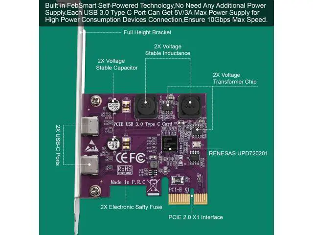 Alt view image 10 of 14 - Vszerda 2X 5Gbps USB-C Ports PCI Express to USB 3.0 Expansion Card for Windows 11, 10, 8.x, 7, Vista, XP Desktop PCs, Built in Self-Powered Technology, No Need Additional Power Supply (FS-U302C-Pro)