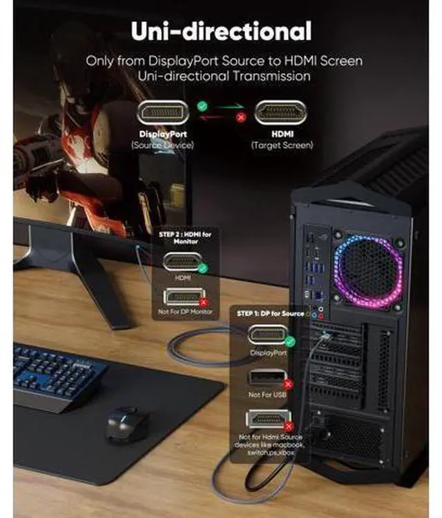 Alt view image 11 of 14 - Vszerda 4K DisplayPort to HDMI, 10ft Uni-Directional DP (Source) to HDMI (Display) 1.4 Cable, 4K@30Hz, 2K@60Hz, 1080P Full HD, Braided Cord for Dell, NVIDIA, AMD, Monitor, Projector (Grey)