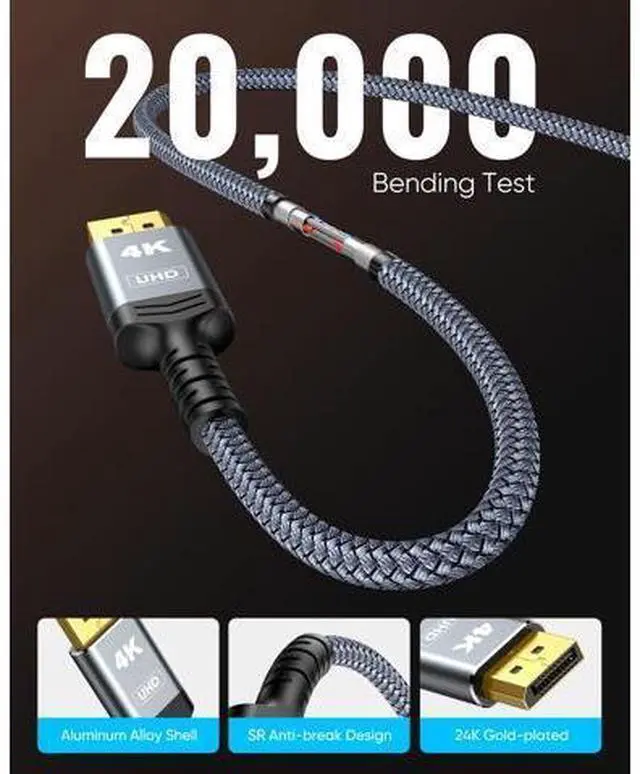 Alt view image 13 of 14 - Vszerda 4K DisplayPort to HDMI, 10ft Uni-Directional DP (Source) to HDMI (Display) 1.4 Cable, 4K@30Hz, 2K@60Hz, 1080P Full HD, Braided Cord for Dell, NVIDIA, AMD, Monitor, Projector (Grey)