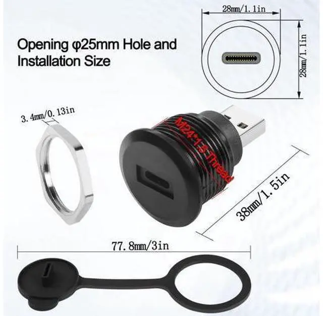 Alt view image 13 of 14 - Vszerda USB C Adapter - USB 3.0 Male to USB C Female Circular Connector - 5Gbps Data Transfer, Water/Dust Proof, Mount Socket