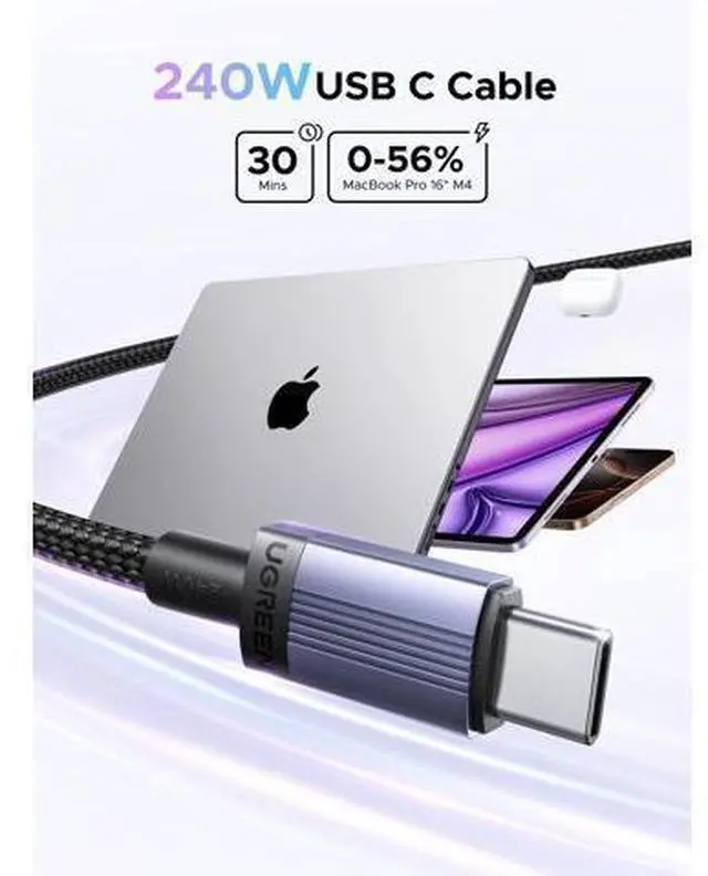 Alt view image 9 of 14 - UGREEN 2-Pack 240W USB C to USB C Cable, Fast Charging USB C Cable for iPhone 17 Pro Max/16/15, Galaxy S25/S24/S23, Pixel 10/9/8, MacBook Pro/Air, ThinkBook, Dell XPS, iPad Pro/Air, Steam Deck, 3.3FT