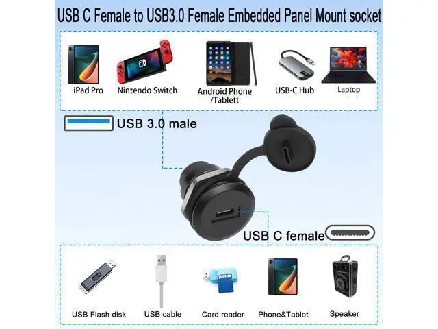 Alt view image 14 of 14 - Vszerda USB C to USB 3.0 Embedded Threaded Fixed Adapter 5Gbps USB C Female to USB 3.0 Female Panel Mount Round Connector with Waterproof Dust Cap