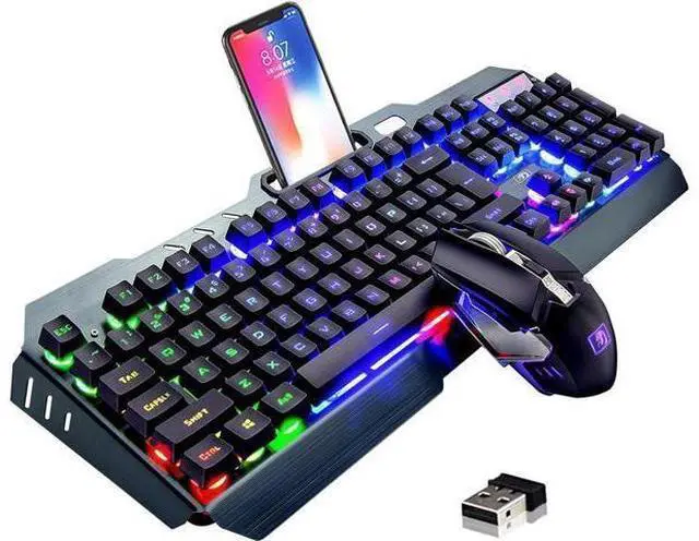 Alt view image 8 of 14 - Wireless Gaming Keyboard and Mouse, Rechargeable, Rainbow Backlit with 3800mAh Battery Metal Panel,Mechanical Feel Keyboard and 7 Color Mute Mouse for Windows Computer Gamers