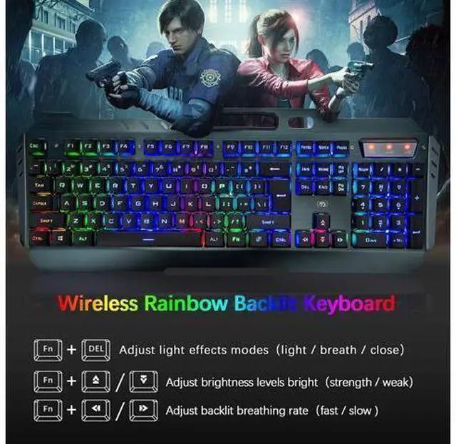 Alt view image 9 of 14 - Wireless Gaming Keyboard and Mouse, Rechargeable, Rainbow Backlit with 3800mAh Battery Metal Panel,Mechanical Feel Keyboard and 7 Color Mute Mouse for Windows Computer Gamers