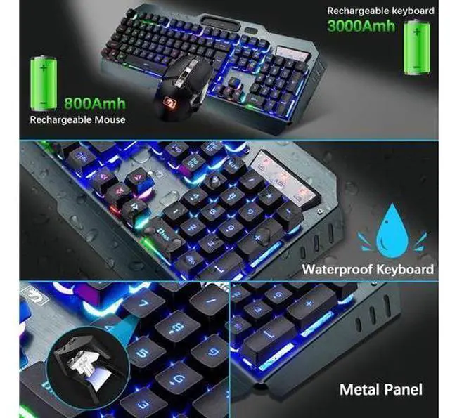 Alt view image 11 of 14 - Wireless Gaming Keyboard and Mouse, Rechargeable, Rainbow Backlit with 3800mAh Battery Metal Panel,Mechanical Feel Keyboard and 7 Color Mute Mouse for Windows Computer Gamers